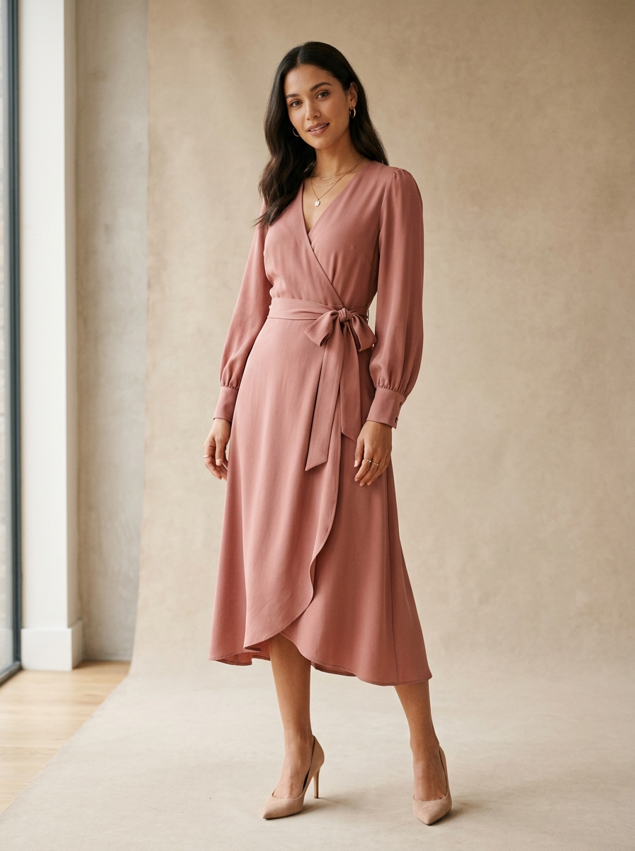 Rose Silk Wrap Midi Dress