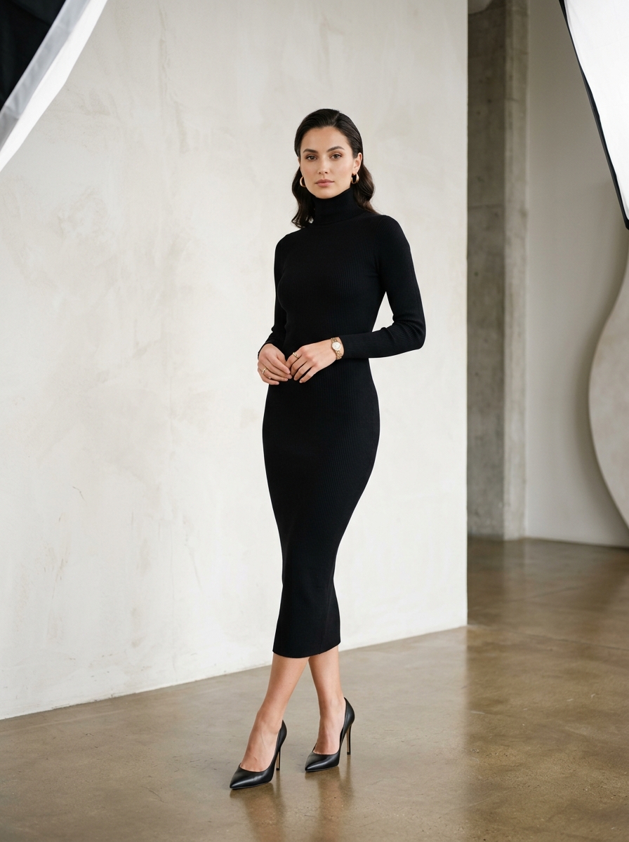 Ribbed Turtleneck Bodycon Midi Dress view 1